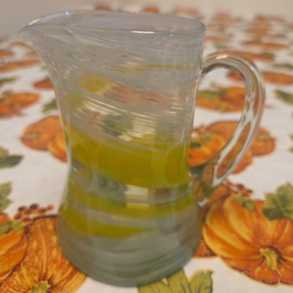 Vintage Blown Studio Art Glass Pitcher Yelled & White Swirl Miniature